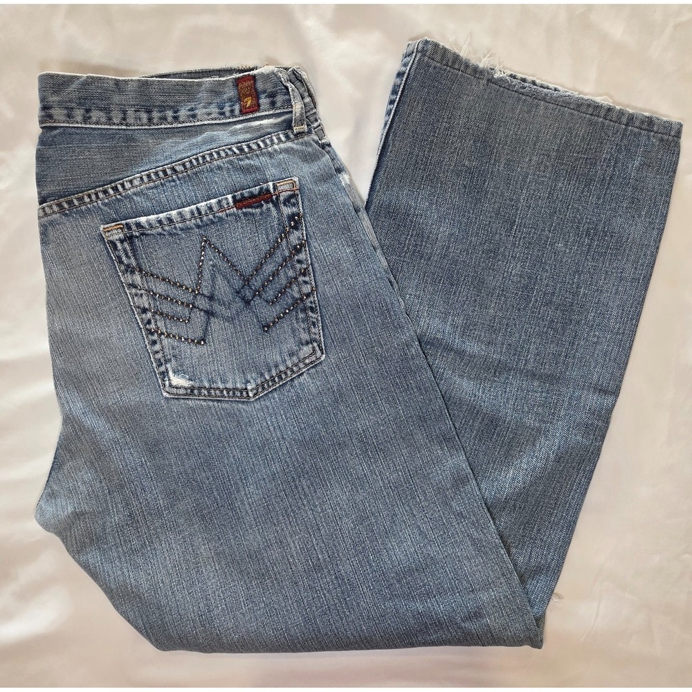 7 For All Mankind Mens 36 Y2K Rhinestone Studded Distressed Bootcut Jeans Blue